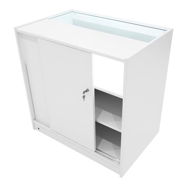 Hyperion LED Shop Counter Set in white, featuring a sleek design with sliding doors, shelves, and a glass display top for visibility