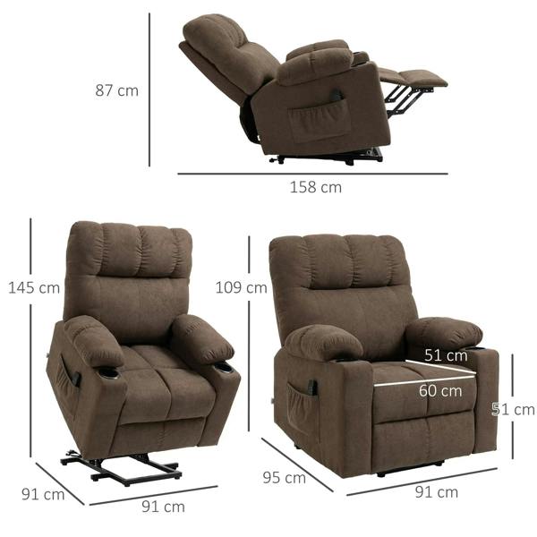 Dark brown power lift recliner chair size diagram with measurements from multiple angles.