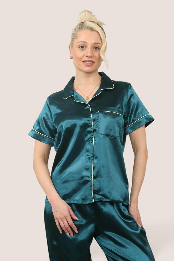 Luxe Satin Short Sleeve PJ Set – TEAL BLUE - teal blue