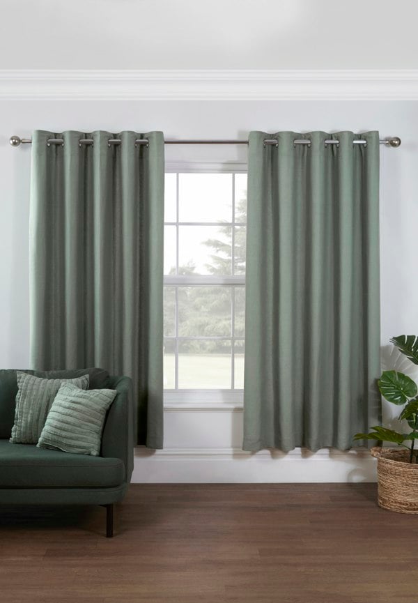 Lazy Linen Pure Washed Linen Lined Eyelet Curtains - Green