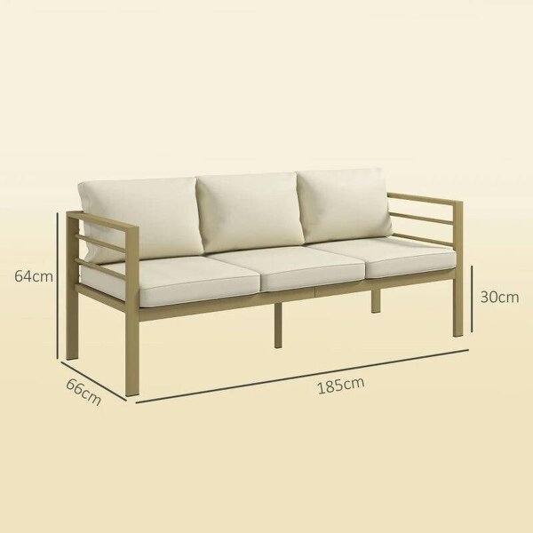 Garden Bench with Cushions, 3-Seater Sofa with Backrest, Armrest and Back Cushions, 185 x 66 x 64cm, Cream White