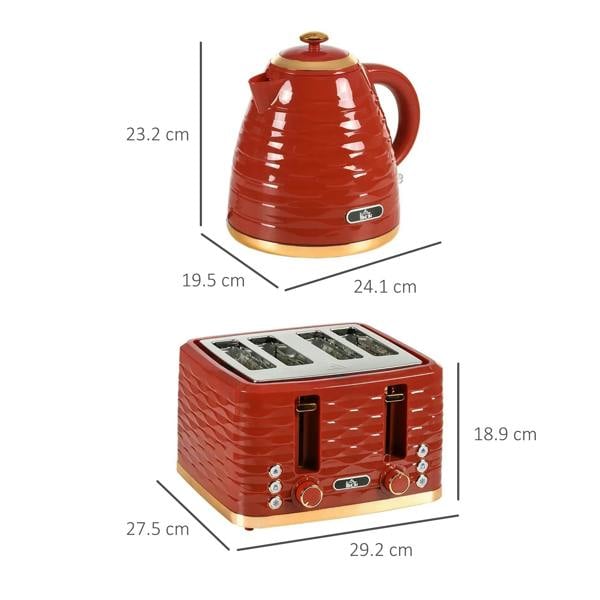 Red kettle and 4-slice toaster set shown with size dimensions