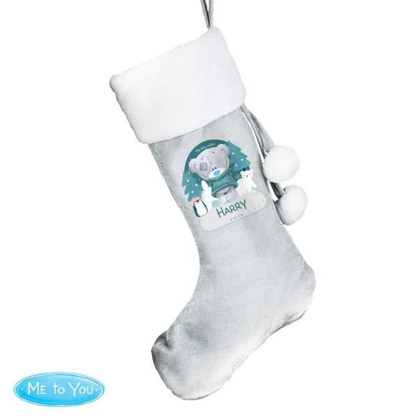 Personalised Memento Company Personalised Christmas Tiny Tatty Teddy Silver Grey Stocking