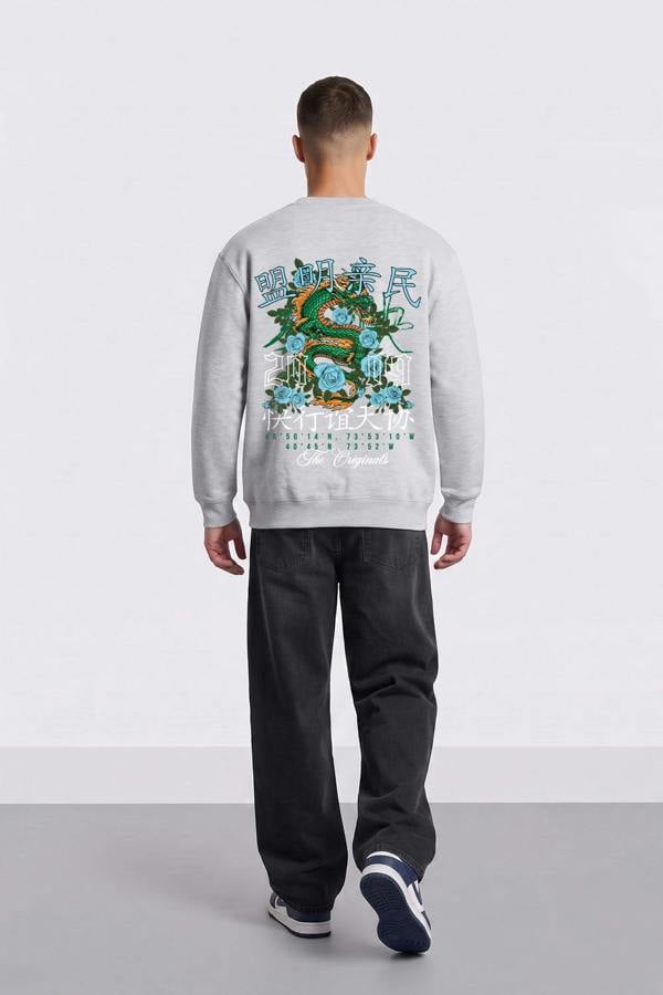 London Attitude Oversized Dragon Graphic Sweatshirt - Heather grey