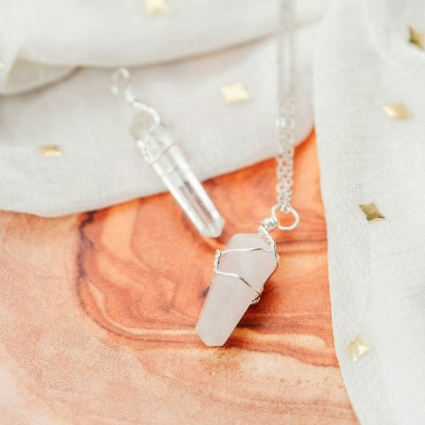 The Colourful Aura Clear Quartz Crystal Point Pillar Wire Wrapped Natural Stone Pencil Necklace