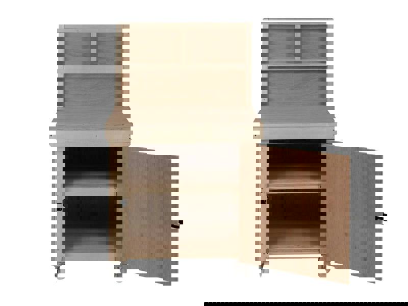 Arbor Garden Solutions Wooden Eucalyptus hardwood workbench with lockable cupboard (V.9) with back panel, double shelf, wheels