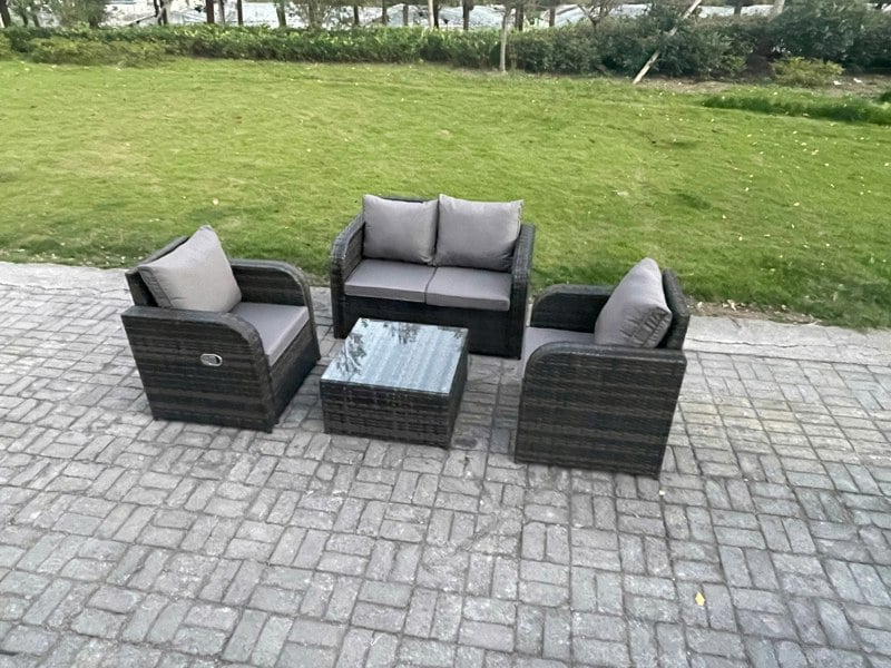 Fimous Wicker PE Rattan Garden Furniture Set Outdoor Lounge Sofa Set with Love Sofa Square Coffee Table Dark Grey Mixed