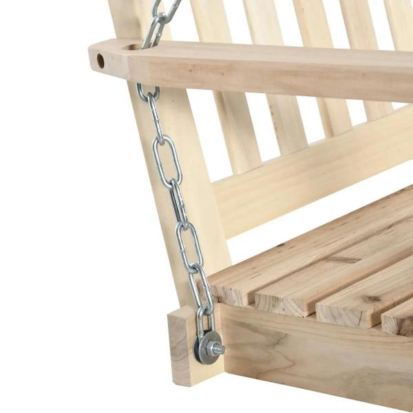 Natural wooden swing bench corner with hanging chain attachment and slatted seat