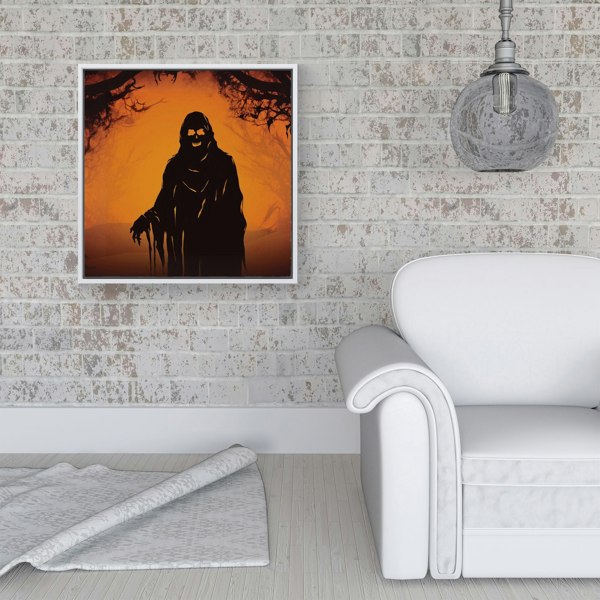 Warren Reed A Spooky Black And Orange Ghost Framed Canvas