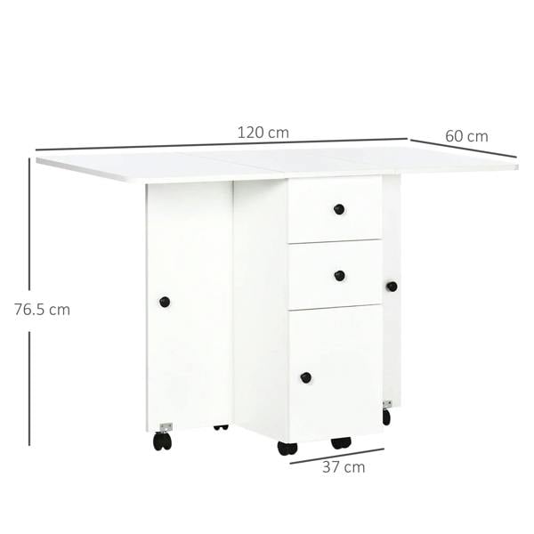 White drop-leaf dining table with drawer cabinet base and four corner caster wheels.