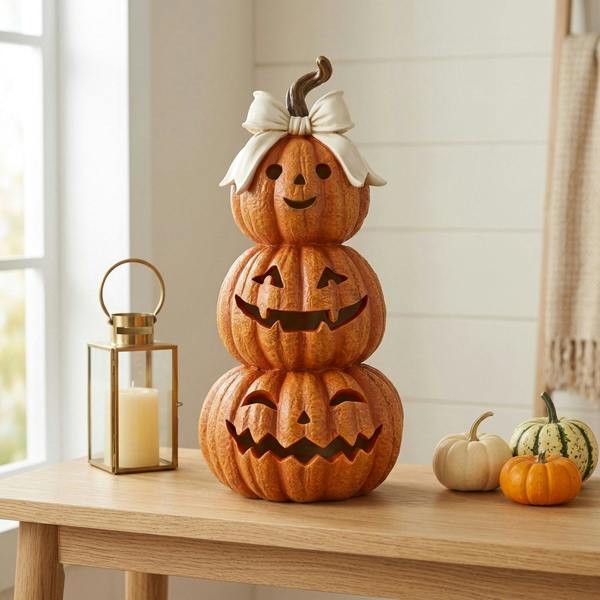 Garden Greatness Autumnal Decorative Pumpkin Stack with Cream Bow