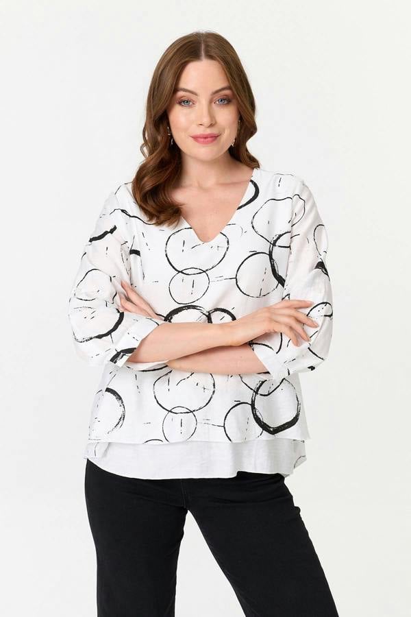 White | Printed 3/4 Sleeve Relaxed Layered Top