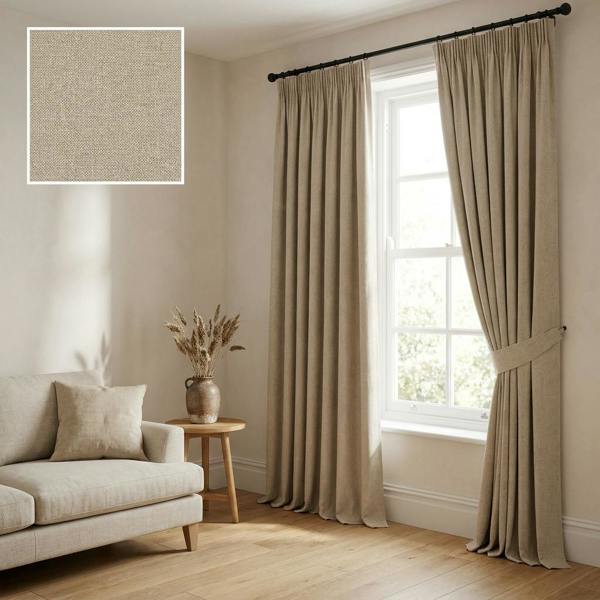 Tuvalu made-to-measure curtains in Mushroom, styled in a living room