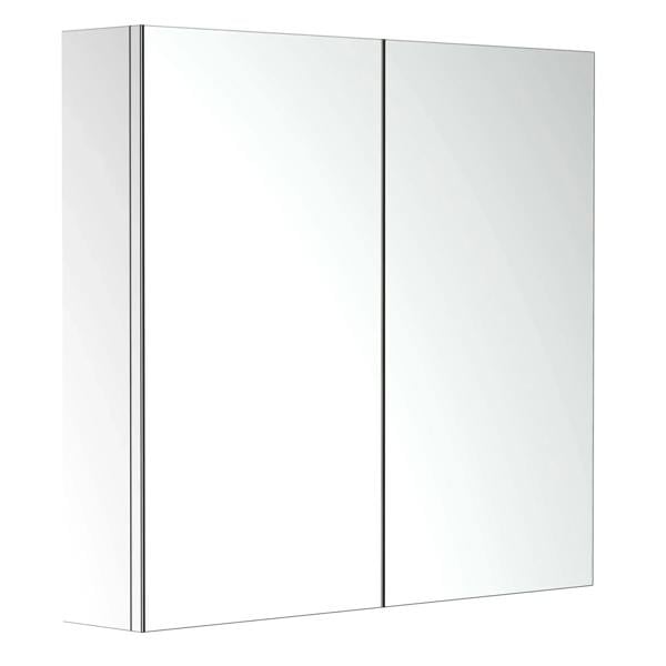 Stainless steel bathroom mirror cabinet with two mirrored doors in a clean front view