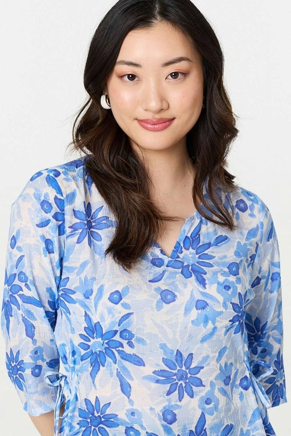 Blue | Floral 3/4 Sleeve Tie Detail Blouse
