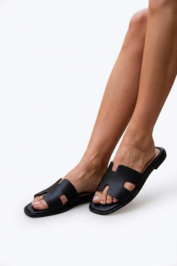 Aria Womens H-Strap Flat Slide Sandals - BLACK_wb