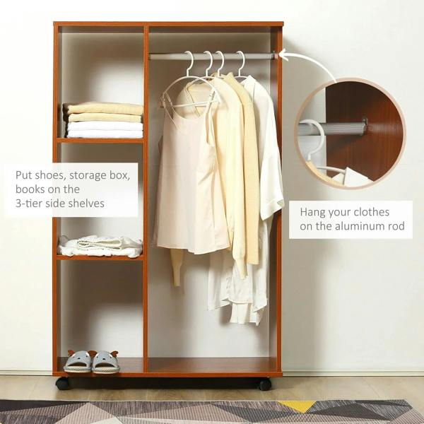 Walnut garment rack with hanging rail and three shelves, open cabinet design
