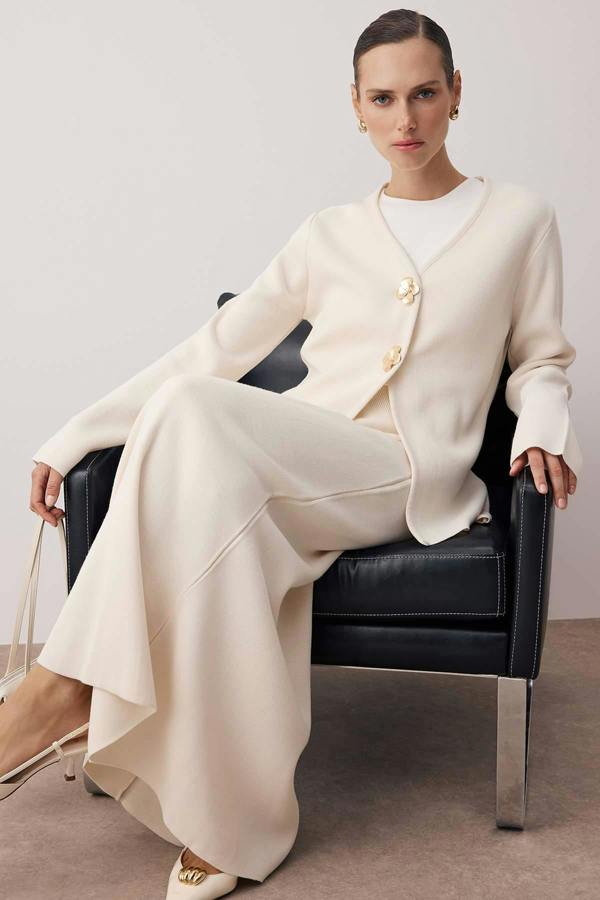 2-Piece Gold Button Detail V Neck Knitted Cardigan and Skirt Co-ord