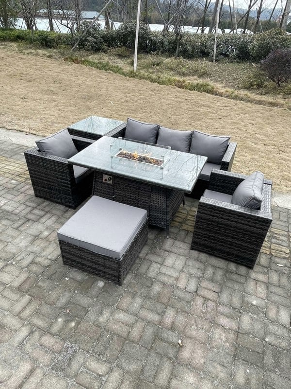 Fimous Outdoor PE Rattan Garden Furniture Gas Fire Pit Dining Table Armchairs With High Side Coffee Table Big Footstool Dark Grey Mixed