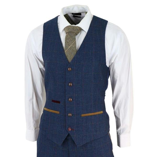 Paul Andrew Mens Blue Tweed Check 3-Piece Suit
