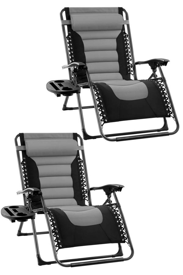 Groundlevel Set of 2 Luxury Extra Wide Gravity Garden Sun Lounger / Relaxer Chair Pair - Grey