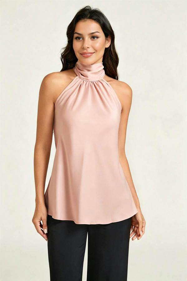 FS Collection Satin Halter Neck Tie Back Top In Dusty Rose