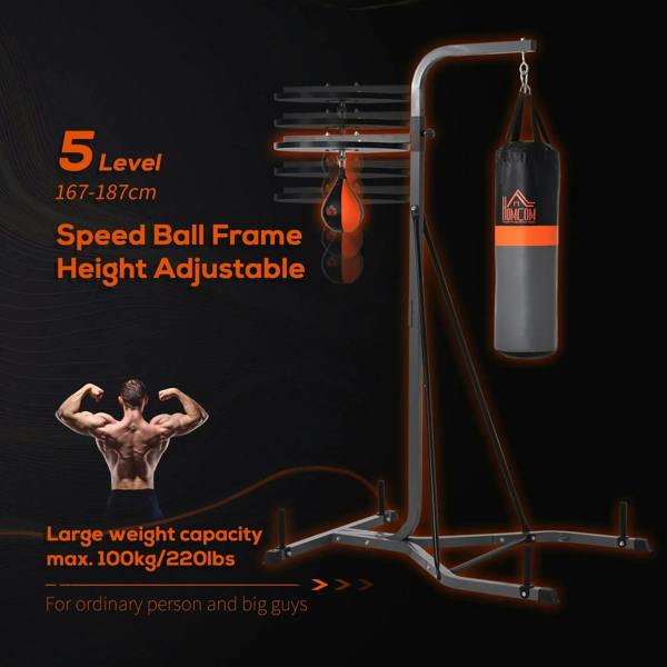 Adjustable grey speed ball frame with hanging speed bag and stable stand base