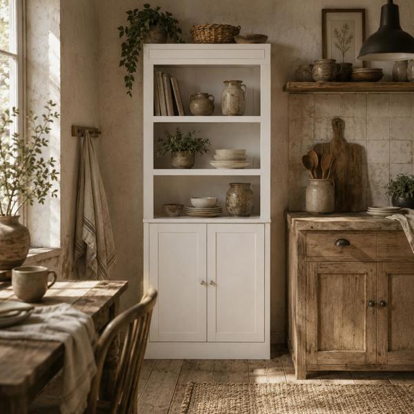Wyld Haus Kala Wooden White 6 Tier Freestanding Kitchen Cupboard With OFauxn Compartments And Double Doors