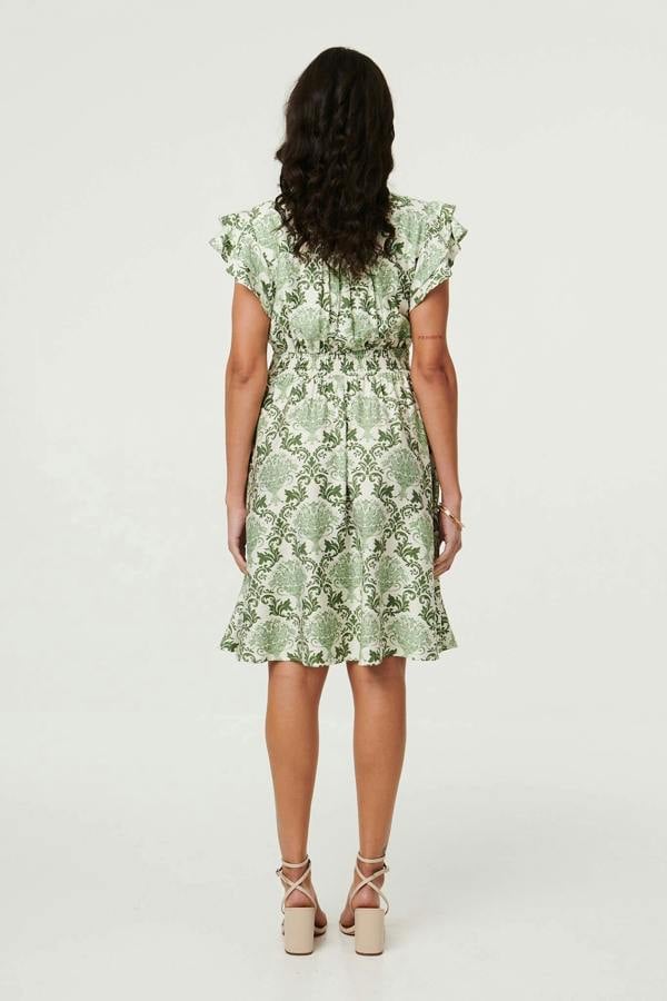 Green | Printed Frill Sleeve Knee Length Dress