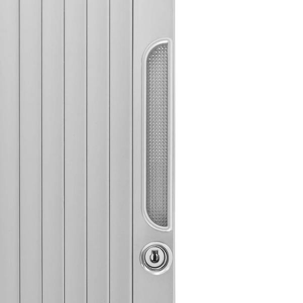 Silver Tambour shower door featuring sleek vertical slats, textured handle, and a modern design for stylish bathroom upgrades