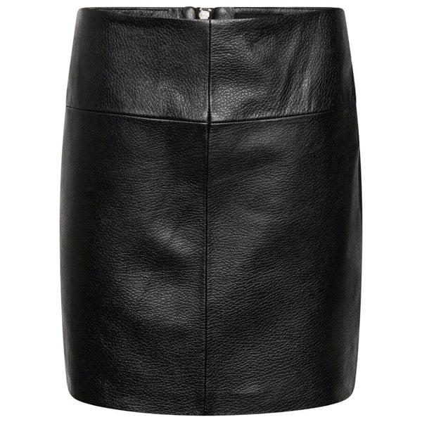 Image displays the leather mini skirt as shot on an invisible mannequin. It is a basic black leather mini skirt with no extra colour or patterns. The leather does have a grainy texture and is panelled in 4 sections with a centre stitch.
