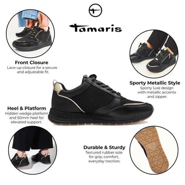 Tamaris Womens Black Gold Fashion Lace-up Zipped Sneakers Trainers