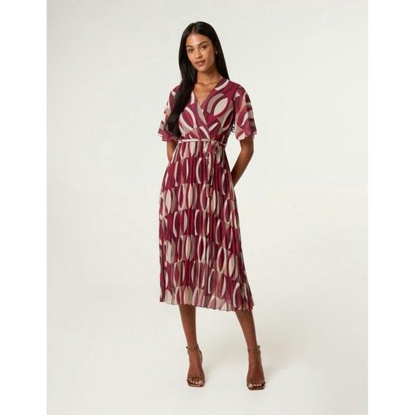 Blue Vanilla Geometric Crossover Pleated Dress With Belt