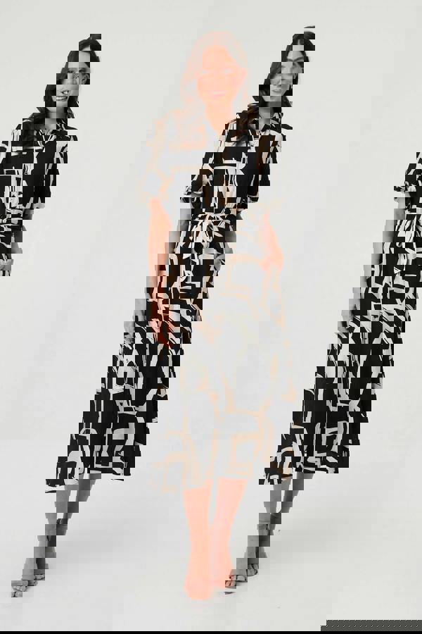 Black | Geo Print Puff Sleeve Tie Midi Dress