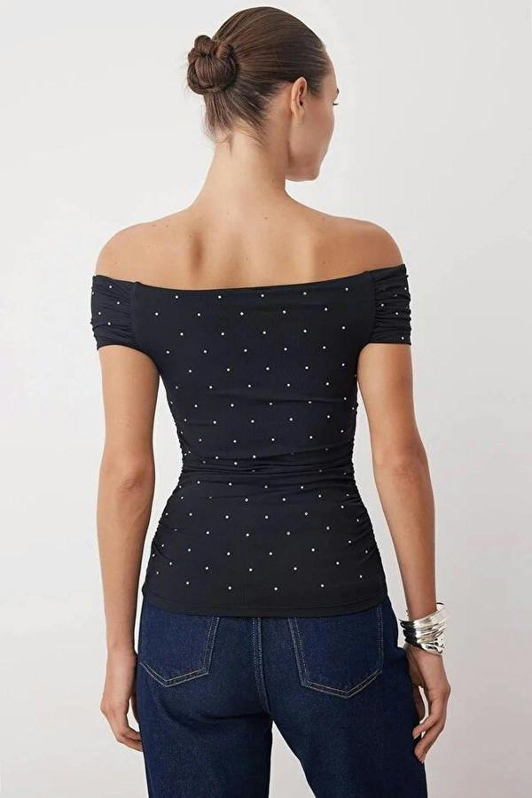 WOVCOR Stone Print Carmen Collar Knit Party Blouse