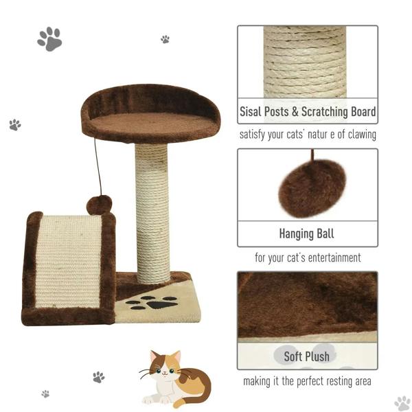 Brown cat tree with tall scratching side post, arched tunnel, and hanging ball