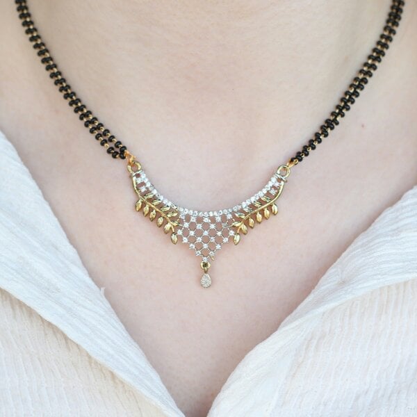 The Colourful Aura Indian Nazaria Gold Leaf Floral Zircon Mangalsutra Black Beads Pendant Necklace