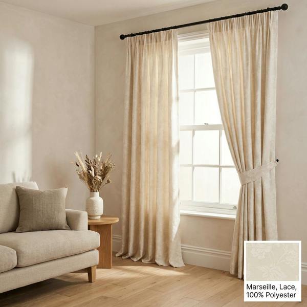 Marseille made-to-measure curtains in Lace, styled in a living room
