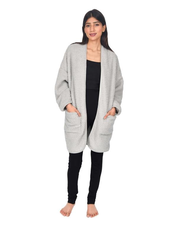 Smart Living Women's Borg Bathrobe with Ribbed Placket - Grey