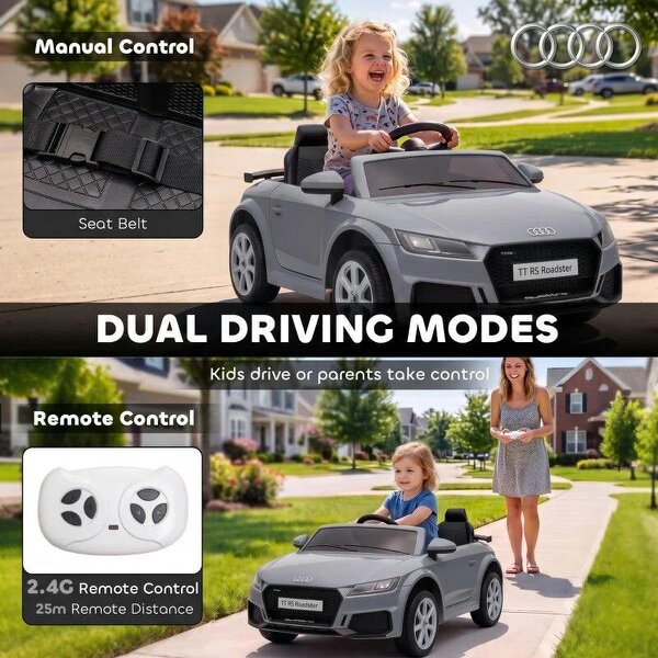 12V Audi TT RS Licensed Electric Car, Electric Ride On Toy with Remote Control, Dual Motors, 4-Wheel Suspension, Grey