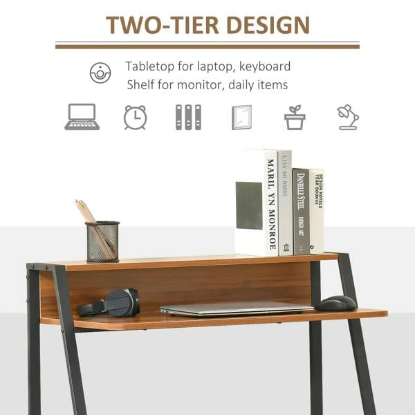 Walnut two-tier desk with black frame and lower shelf for books and accessories.