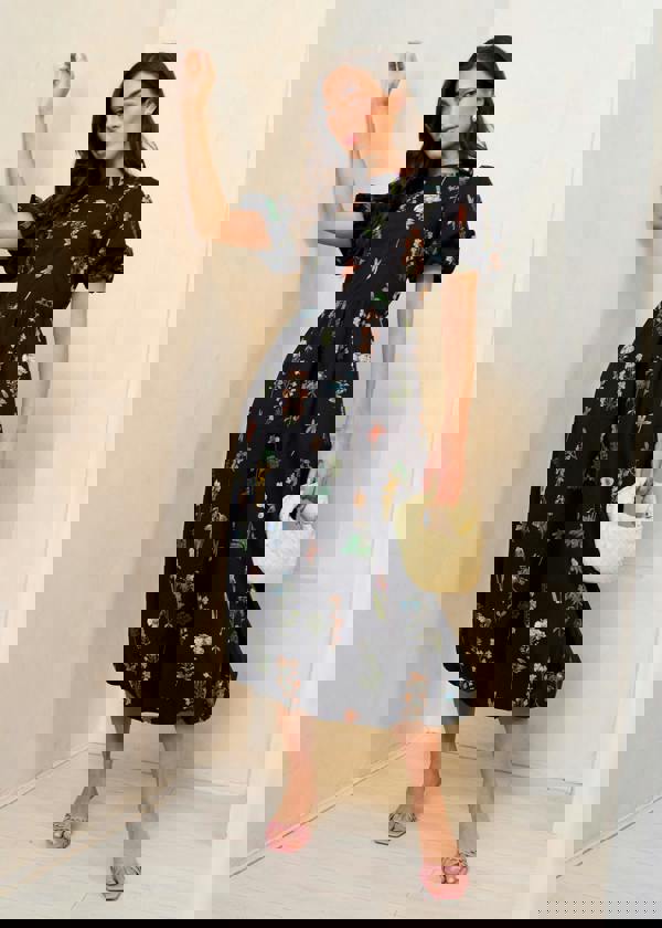 Gini London Navy Cotton Floral Print Puff Ball Midi Dress