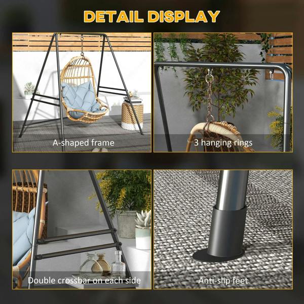 Black hanging chair stand detail view: A-frame and double crossbar design
