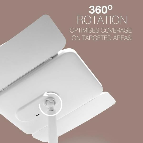 The Rio Radiance Light Therapy Panel is shown from below, displaying its adjustable panels and 360° rotation for advanced skincare. Text on the image states: 360° Rotation Optimises coverage on targeted areas for radiant skin.