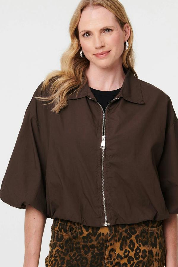 Brown | Zip Front 3/4 Sleeve Cropped Jacket