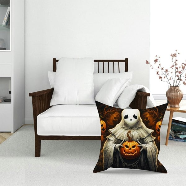 Warren Reed Spooky White Ghost Holding Pumpkin Floor Cushion