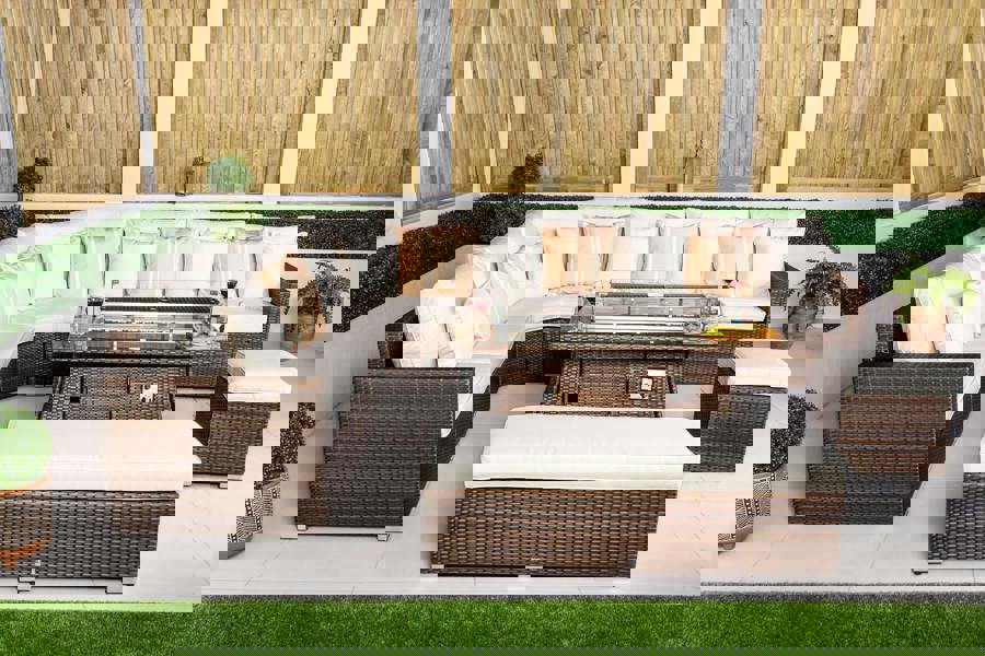 Giardino Santorini 6 Seat Modular Corner Sofa Rattan Garden Furniture Set Outdoor Fire Pit Coffee Table, Bench and Stool