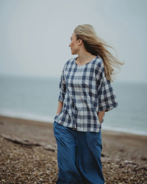Oragnic Cotton Doris Multicolour Marine Check Print Tie Back Top- image 2