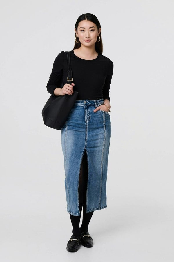 Blue | Washed Denim Split Hem Knee Length Skirt
