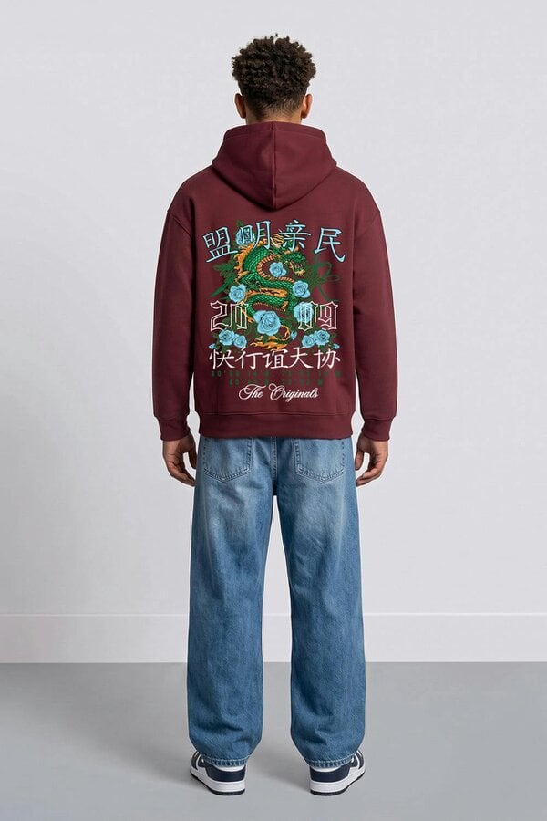 London Attitude Relaxed Fit Dragon Graphic Hoodie - Burgundy
